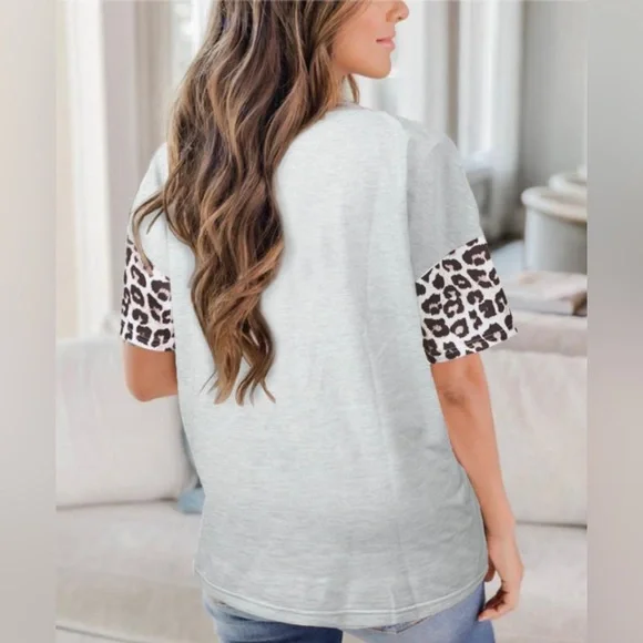 Leopard Print Color Block Short Sleeve Top - Picture 3 of 4